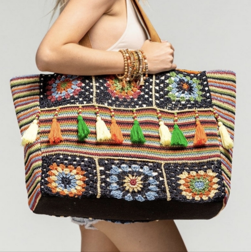 Vibrant Floral & Striped Hand Crocheted Shoulder Bag w/ Colorful Tassel Accents - Picture 2 of 11